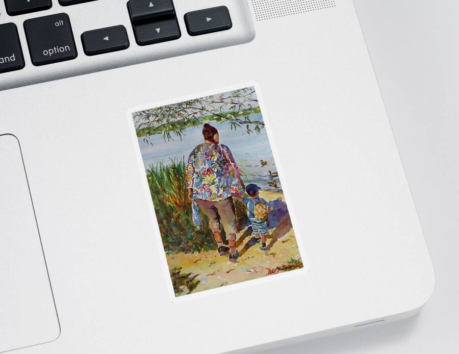 Landscape Sticker featuring the painting Mom and Boy with Ducks by David Gilmore