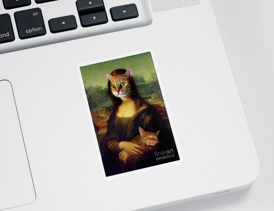 Mona Lisa Sticker featuring the mixed media Mona Lisa Orange Cat by Lucie Dumas