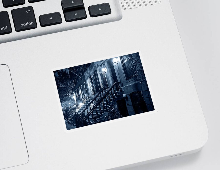 New Sticker featuring the photograph Monochrome Blue Nights New York City Brownstones Hell's Kitchen Chelsea NY by Toby McGuire