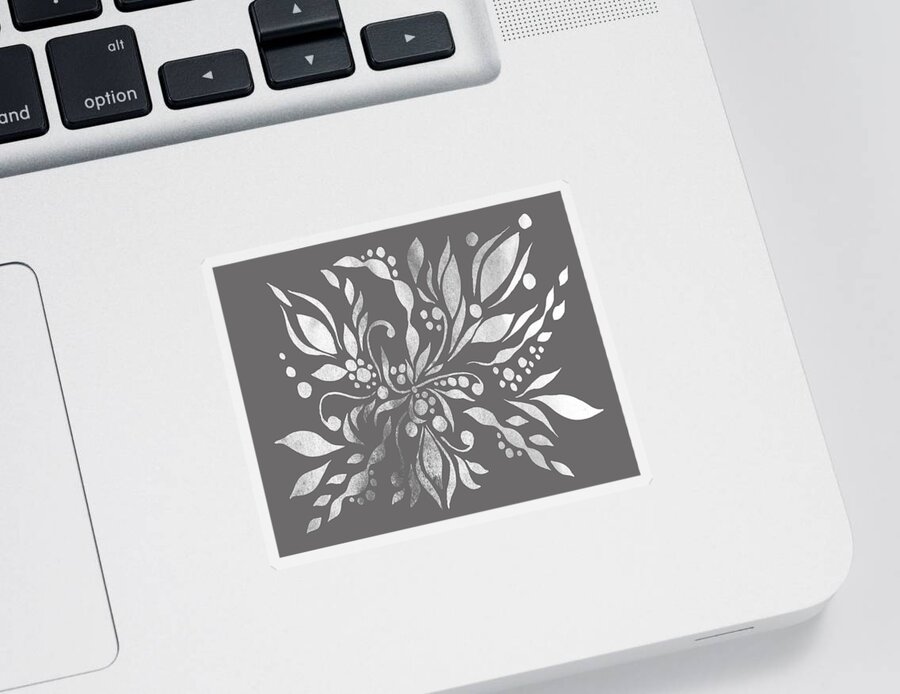 Floral Pattern Sticker featuring the painting Monochrome Silver Gray Floral Design With Leaves Berries Flowers Pattern I by Irina Sztukowski