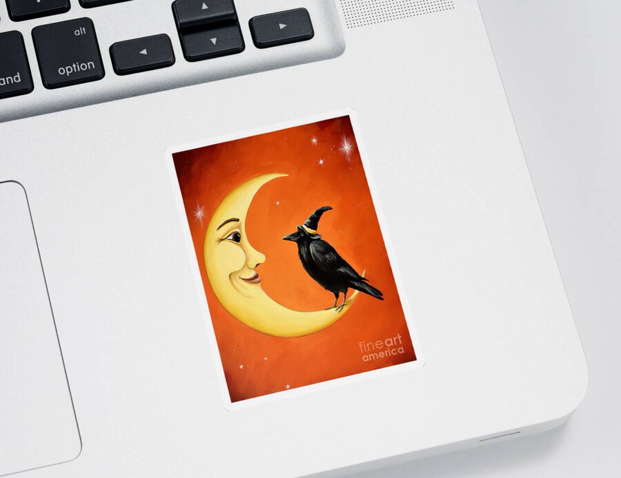 Moon Sticker featuring the painting Moon And Crow  by Debbie Criswell