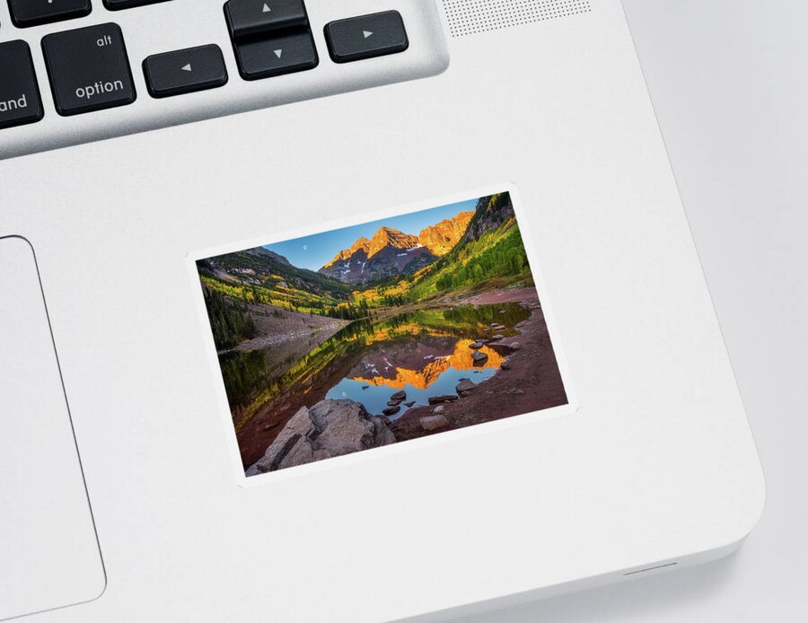 Moon Sticker featuring the photograph Moon At Maroon Bells by Darren White