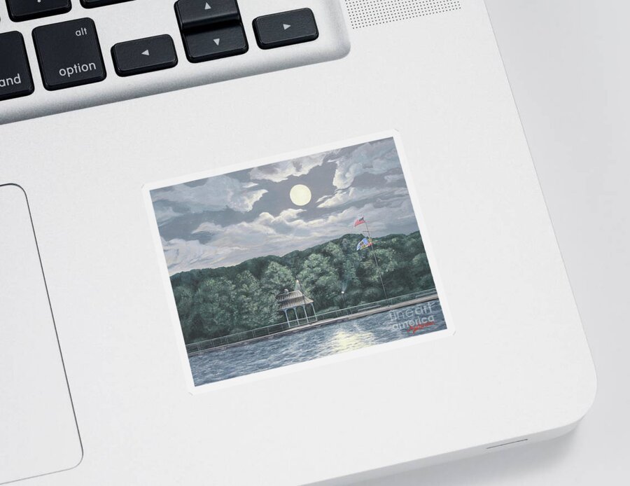 Moon Sticker featuring the painting Moon over the Wharf by Aicy Karbstein