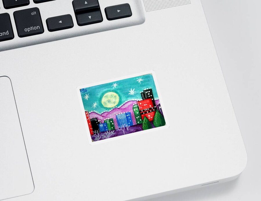 Cityscape Sticker featuring the painting Moonlit Cityscape by Monica Resinger
