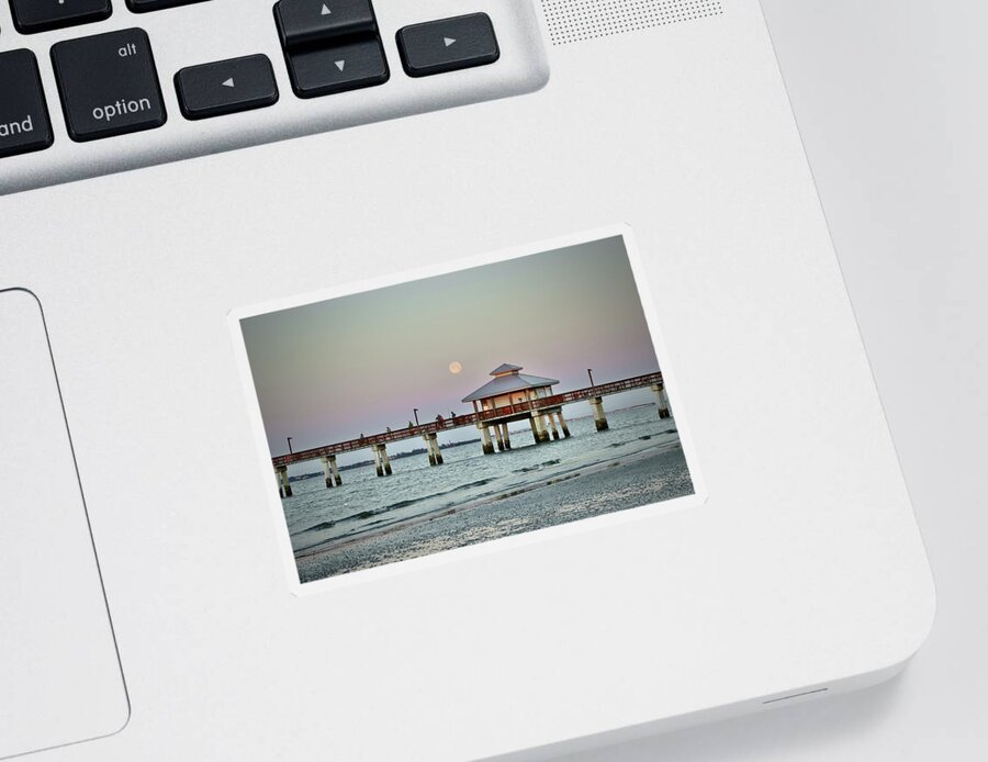 Moon Sticker featuring the photograph Moonset Fort Myers Beach by Sarah Lilja