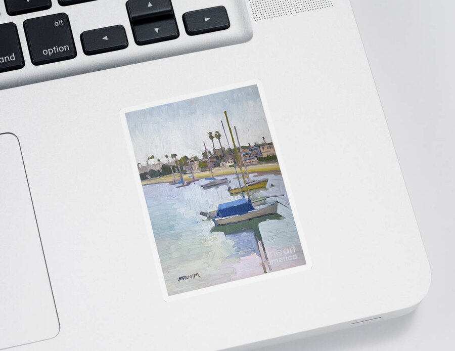 Boats Sticker featuring the painting Moored on Santa Barbara Cove - Mission Beach, San Diego, California by Paul Strahm