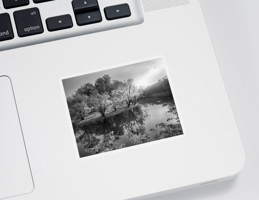 Black Sticker featuring the photograph Morning Reflections on the River Black and White by Debra and Dave Vanderlaan