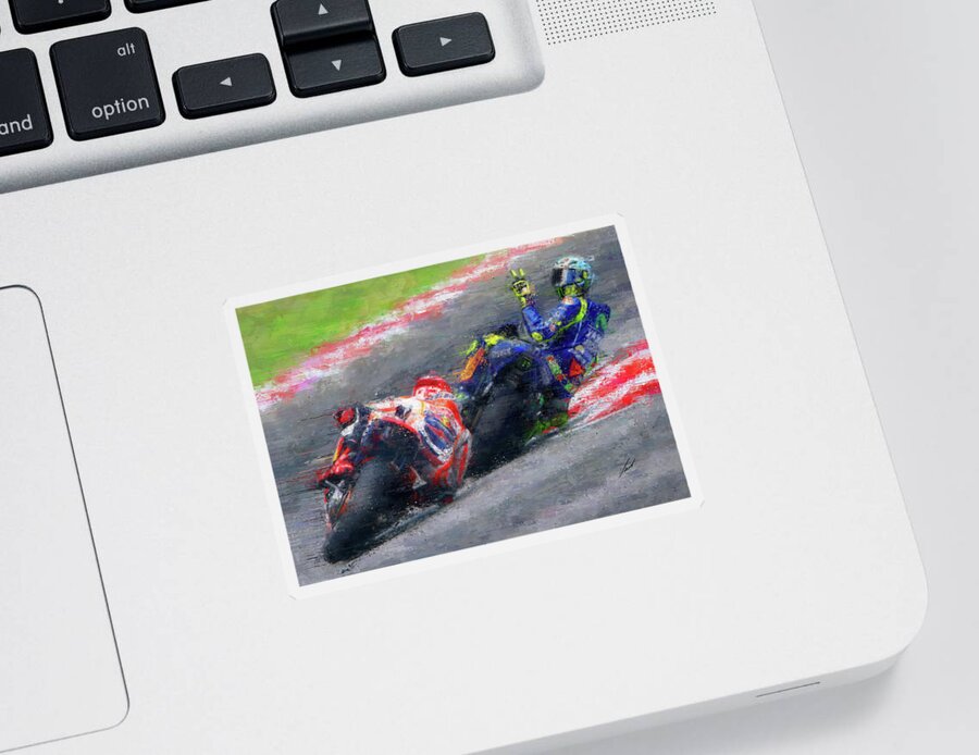 Motorcycle Sticker featuring the painting MOTO GP Rossi vs Marquez by Vart by Vart