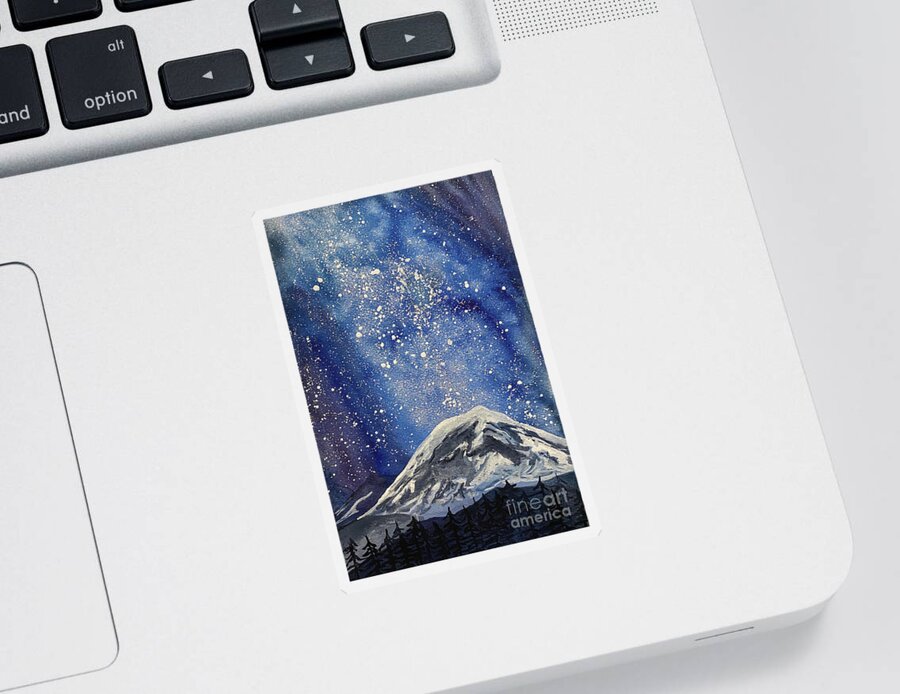 Mount Rainier Sticker featuring the painting Mountain with Night Sky by Lisa Neuman