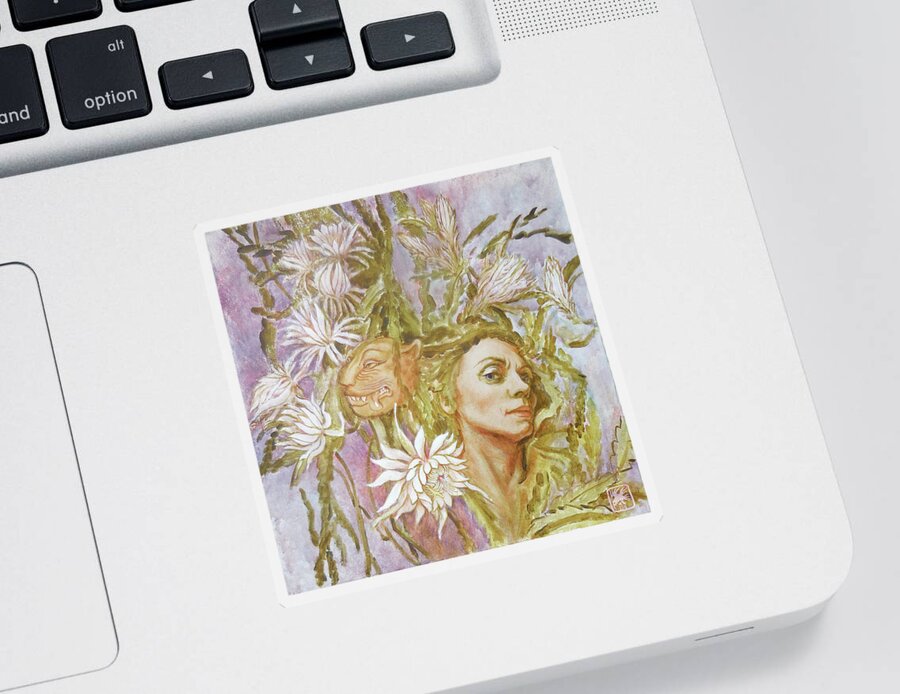Green Woman Sticker featuring the painting Night-Blooming Cereus Cactus by Ruth Hooper