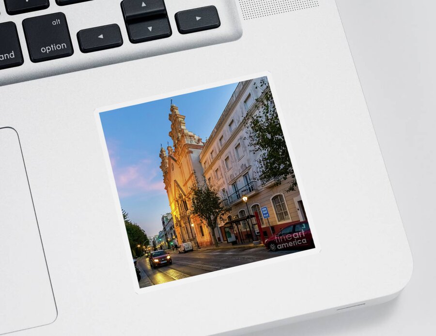Catholicism Sticker featuring the photograph Night View of del Carmen Church in Alameda Apodaca Cadiz Andalusia by Pablo Avanzini