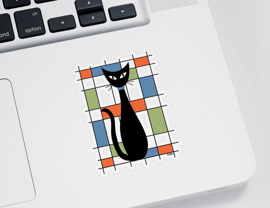 Abstract Black Cat Sticker featuring the digital art No Background Mondrian Abstract Cat 1 by Donna Mibus