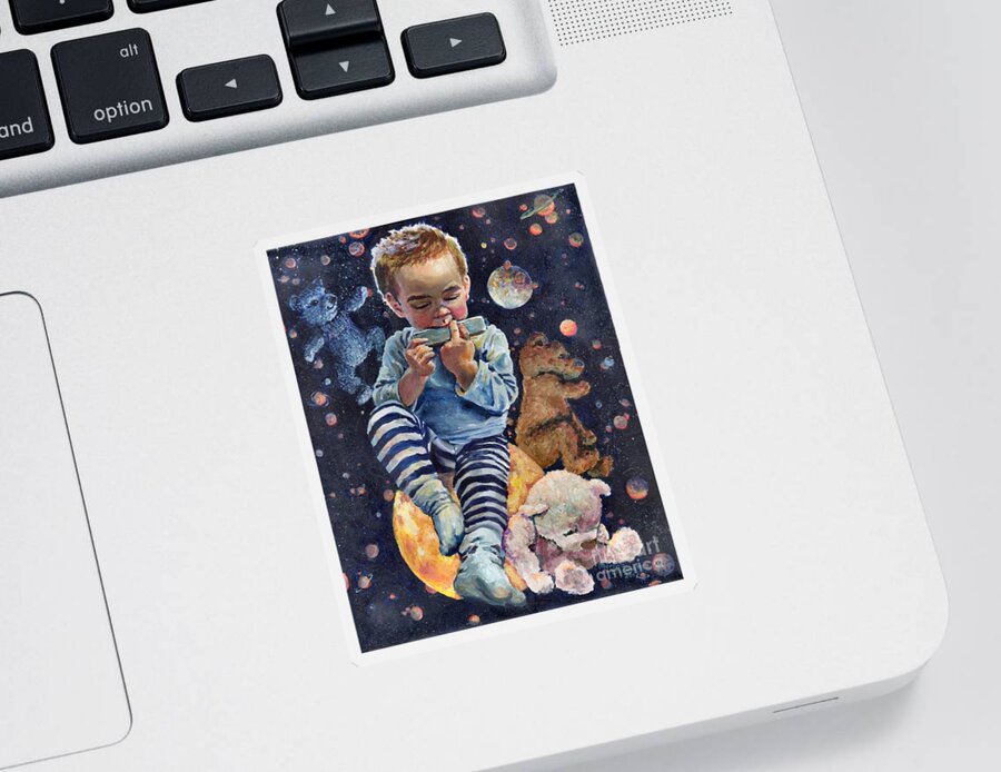 Boy Sticker featuring the painting Nocturne on Harmonica for Bear Trio by Merana Cadorette