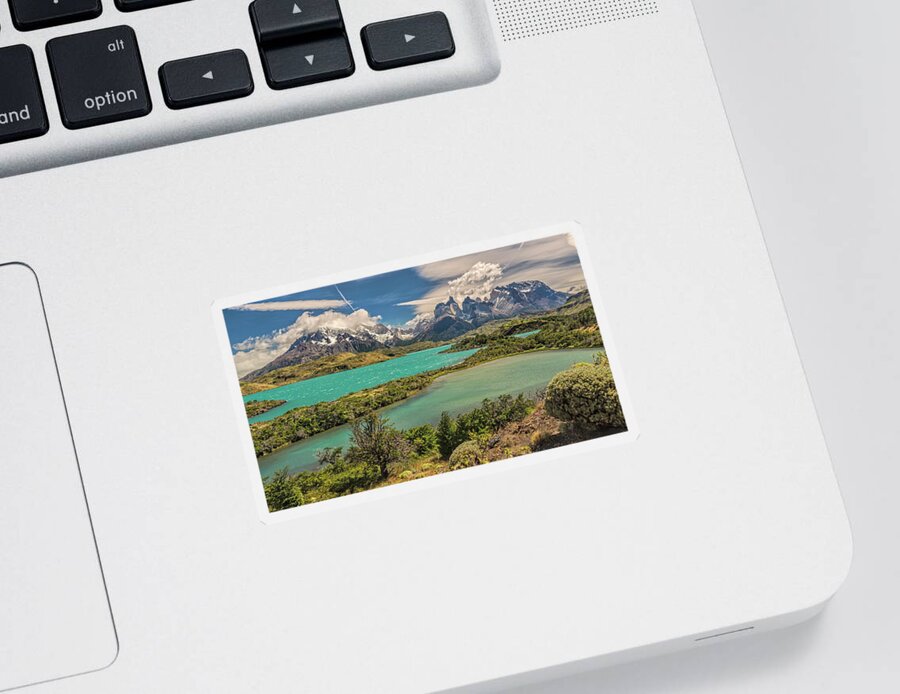 Andes Sticker featuring the photograph Nordenskjold lake view Paine Grande los Cuernos and Monte Almi by Henri Leduc