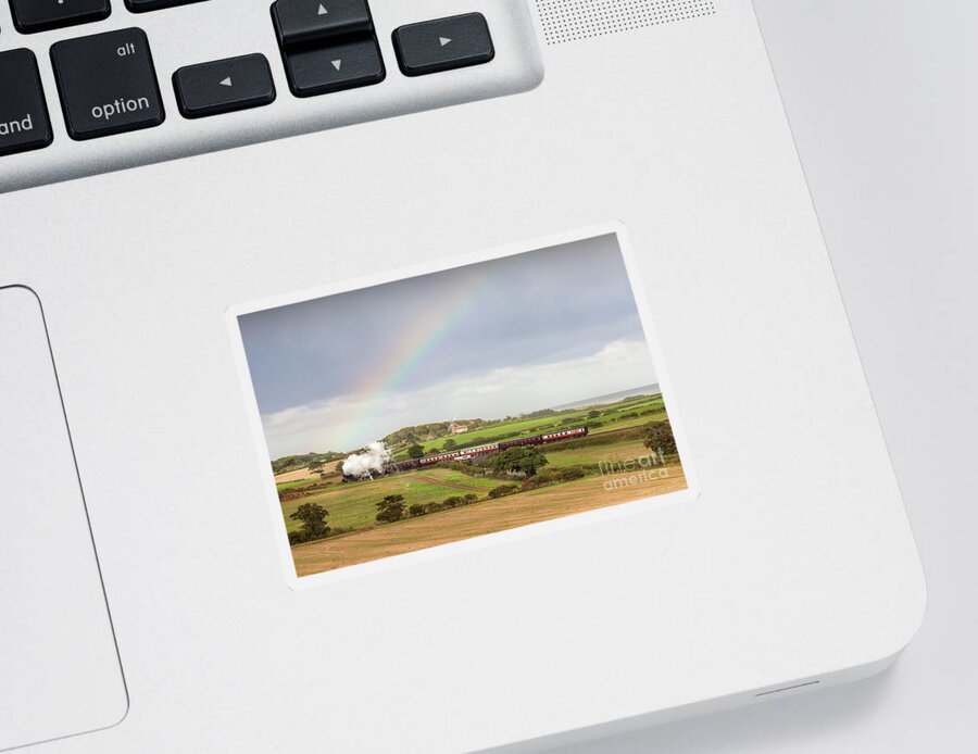 Weybourne Sticker featuring the photograph Norfolk steam train with Weybourne windmill and rainbow by Simon Bratt
