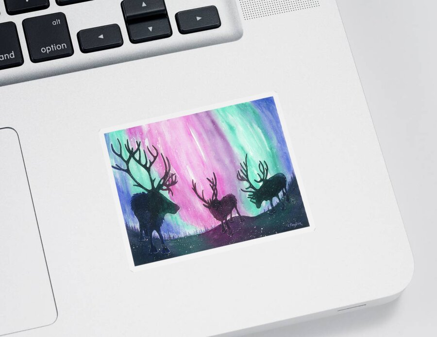 Reindeer Sticker featuring the painting North Pole Nightlife by Lori Taylor