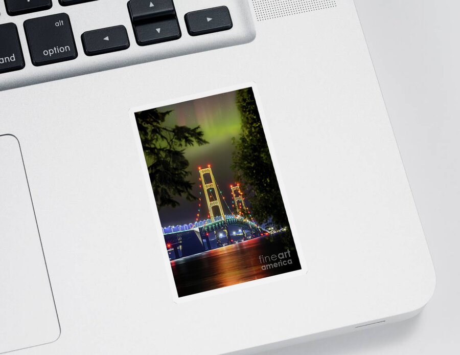 Michigan Photos Sticker featuring the photograph Northern Lights Over Mackinac Bridge -5455 by Norris Seward