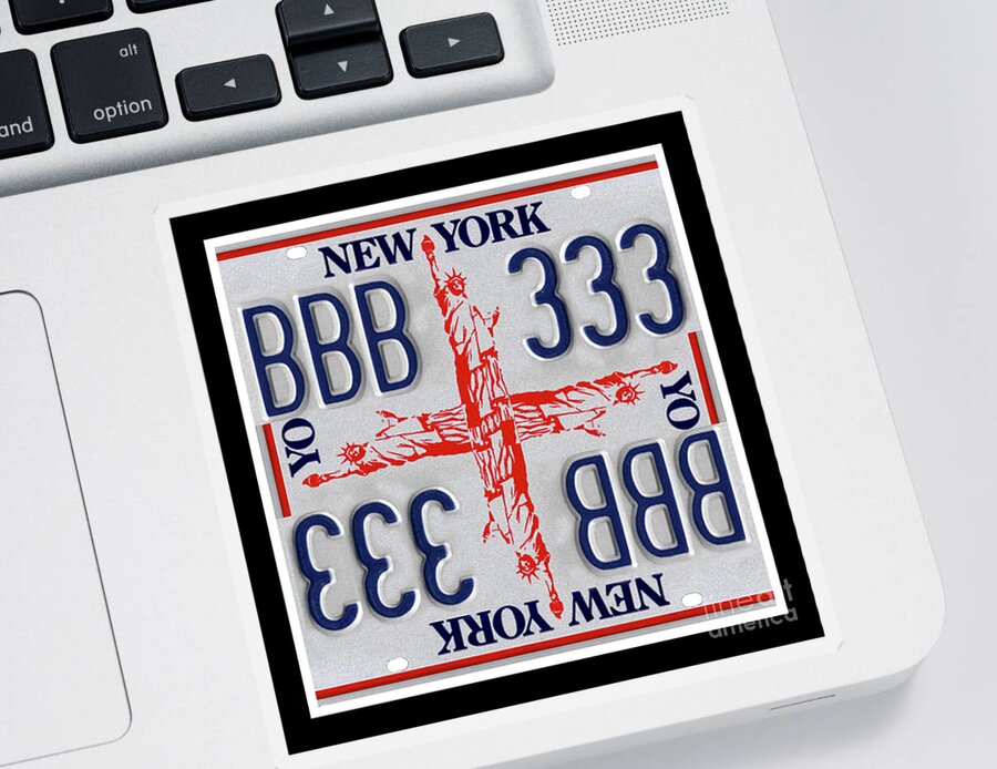 New York Sticker featuring the mixed media NY Statue of Liberty Cross Print - Recycled New York License Plates Art by Steven Shaver
