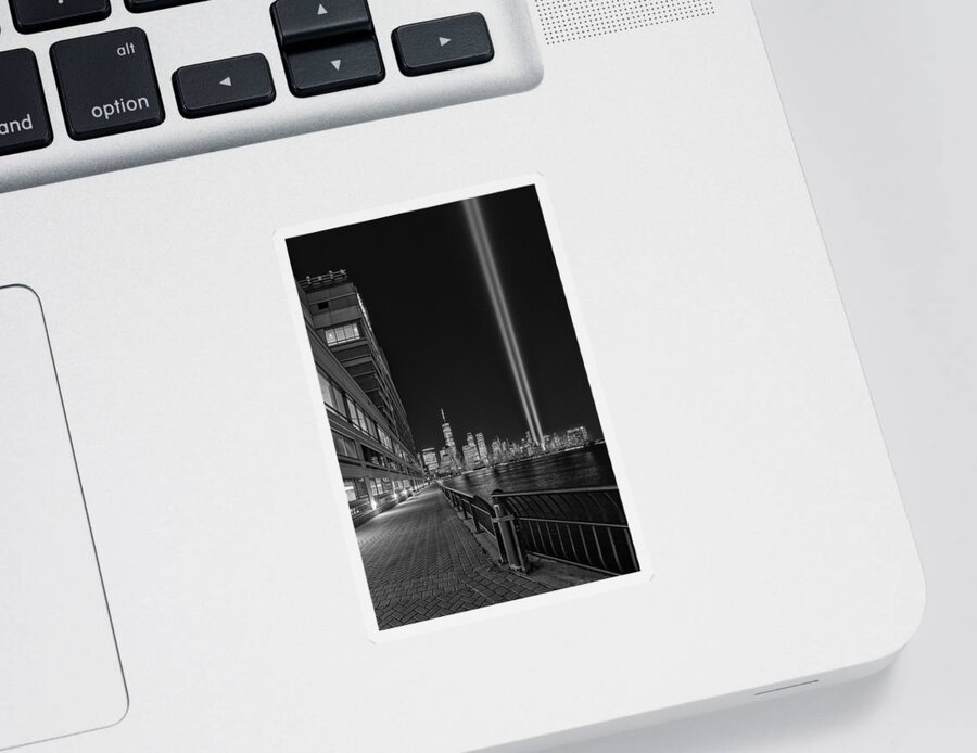 Nyc Skyline Sticker featuring the photograph NYC Tribute In Light BW by Susan Candelario