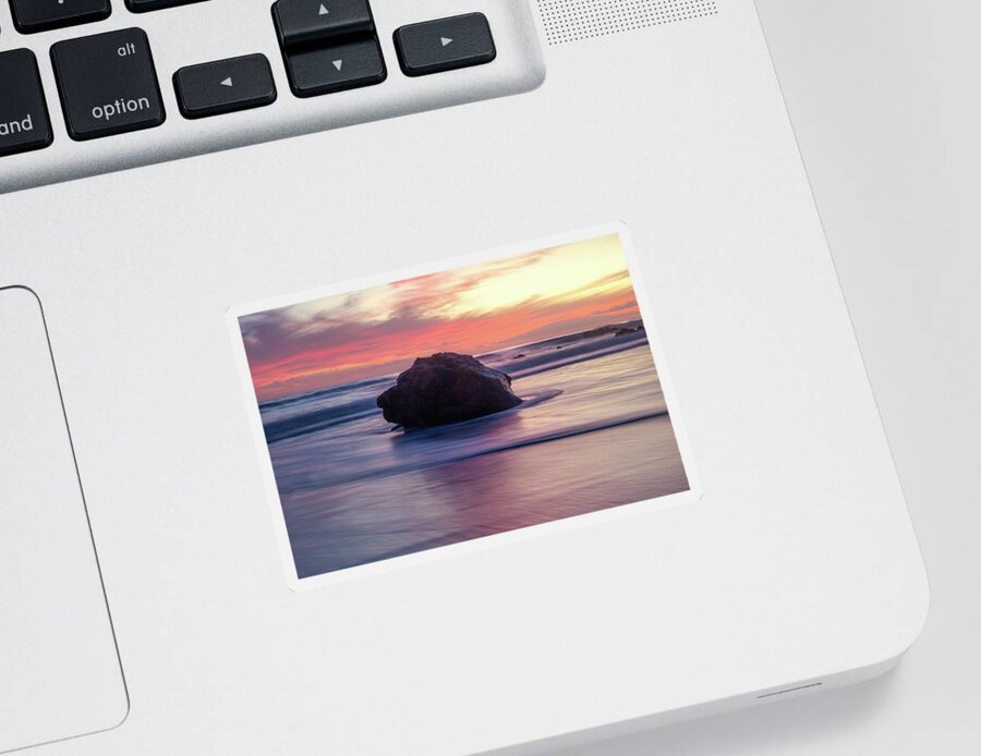 Coastal Sunset Sticker featuring the photograph Ocean Swirling Around a Rock at Sunset by Matthew DeGrushe