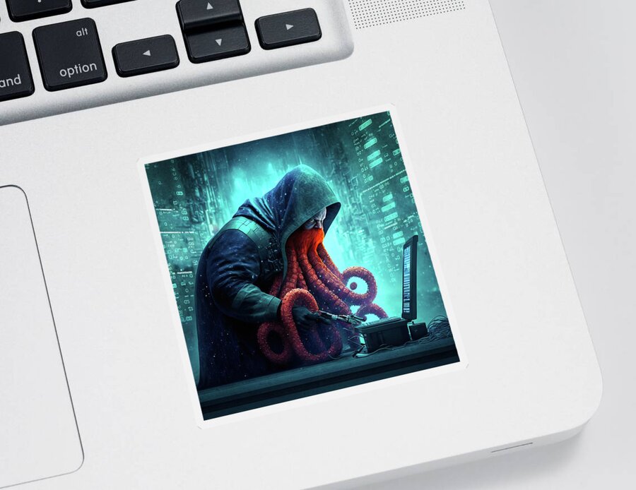 Programmer Sticker featuring the digital art Octopus Hacker writing Code 03 by Matthias Hauser