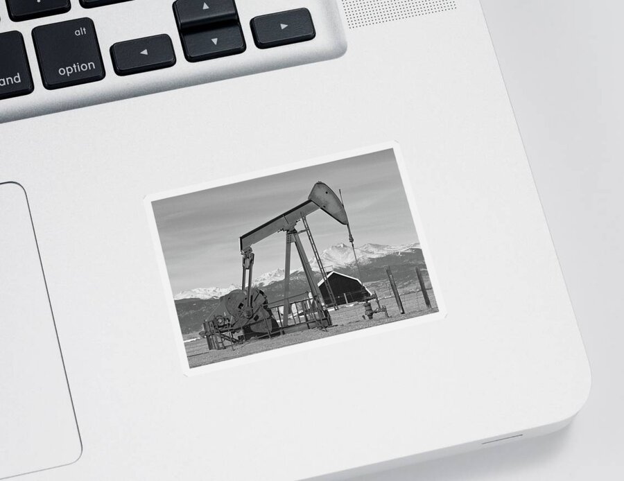 Black And White Sticker featuring the photograph Oil Well Pumpjack Barn and Longs Peak BW by James BO Insogna