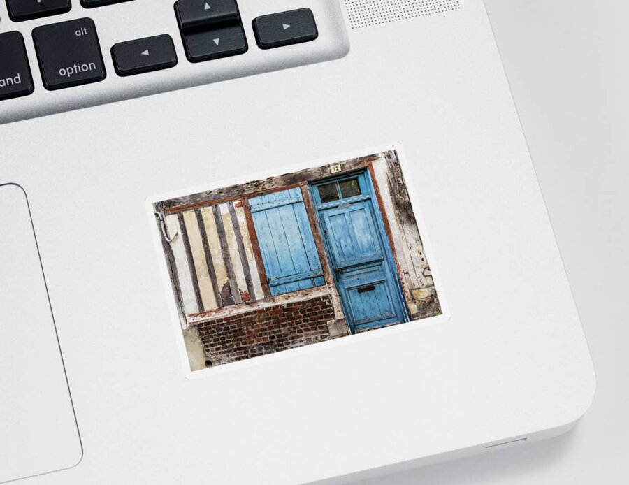 Blue Sticker featuring the photograph Old building with blue door and window by Fabiano Di Paolo