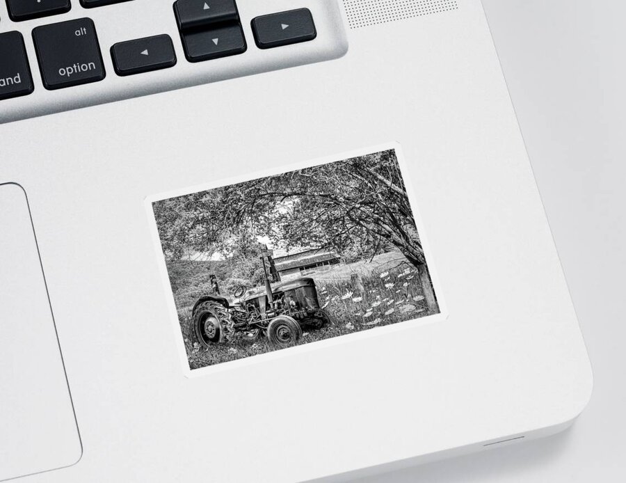 Black Sticker featuring the photograph Old Tractor in the Wildflowers Black and White by Debra and Dave Vanderlaan