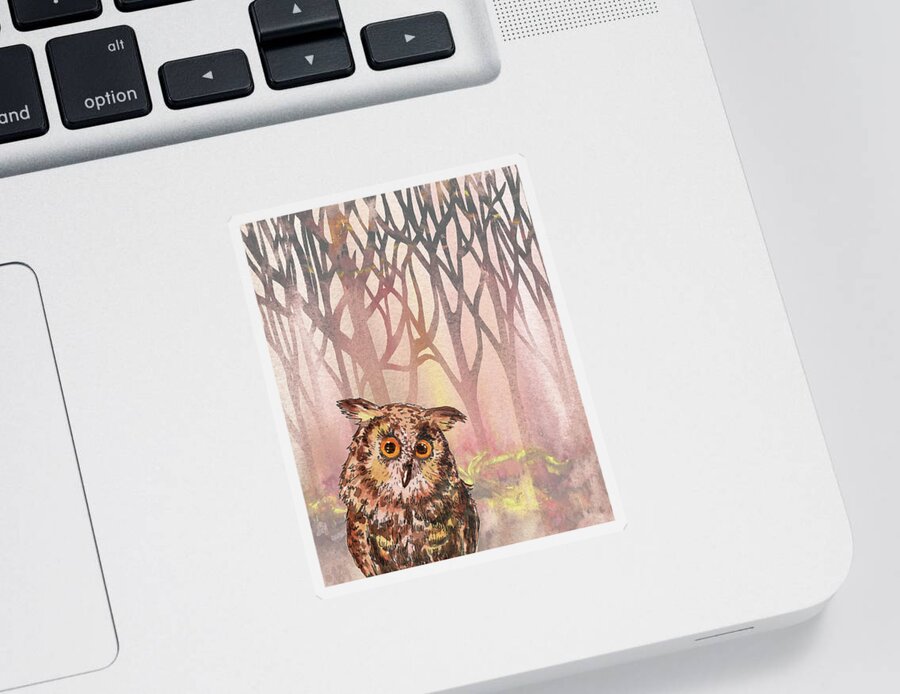 Cute Owl Sticker featuring the painting On Forest Watch Cute Baby Owl Watercolor by Irina Sztukowski