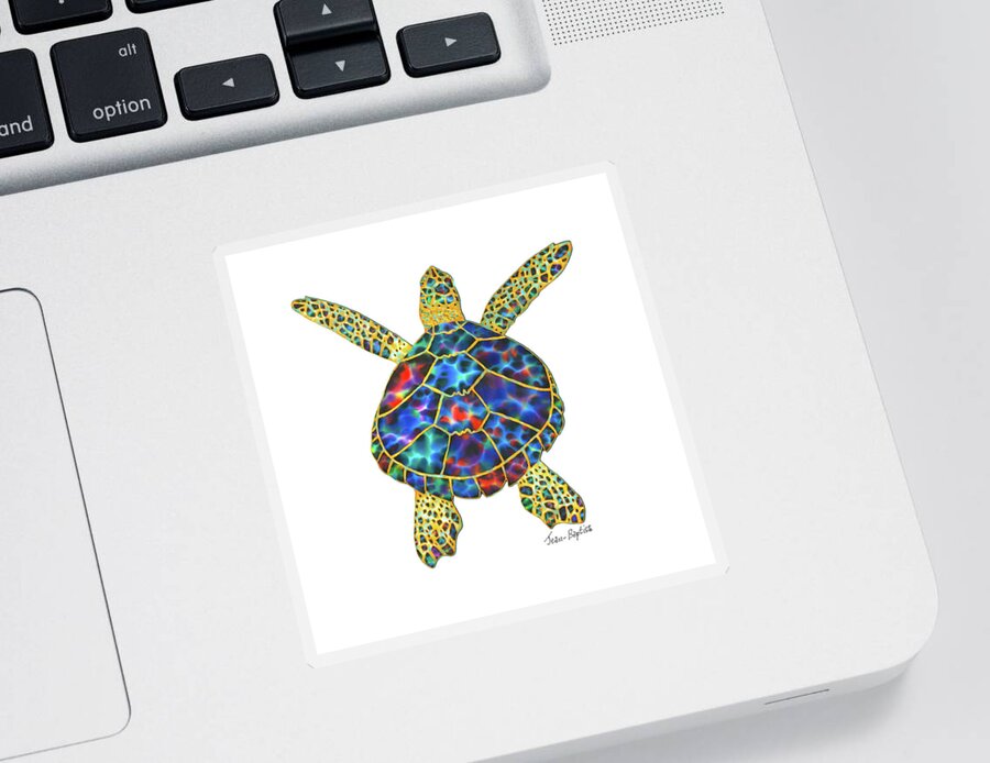  Sticker featuring the painting Opal Sea Turtle white background by Daniel Jean-Baptiste