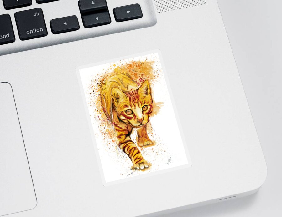 Orange Cat Sticker featuring the painting Orange chasing cat splatter painting, watercolor cat, by Nadia CHEVREL
