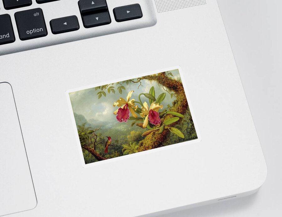Martin Johnson Headetrochilidae Sticker featuring the painting Orchids and Hummingbird 4 by Martin Johnson Heade
