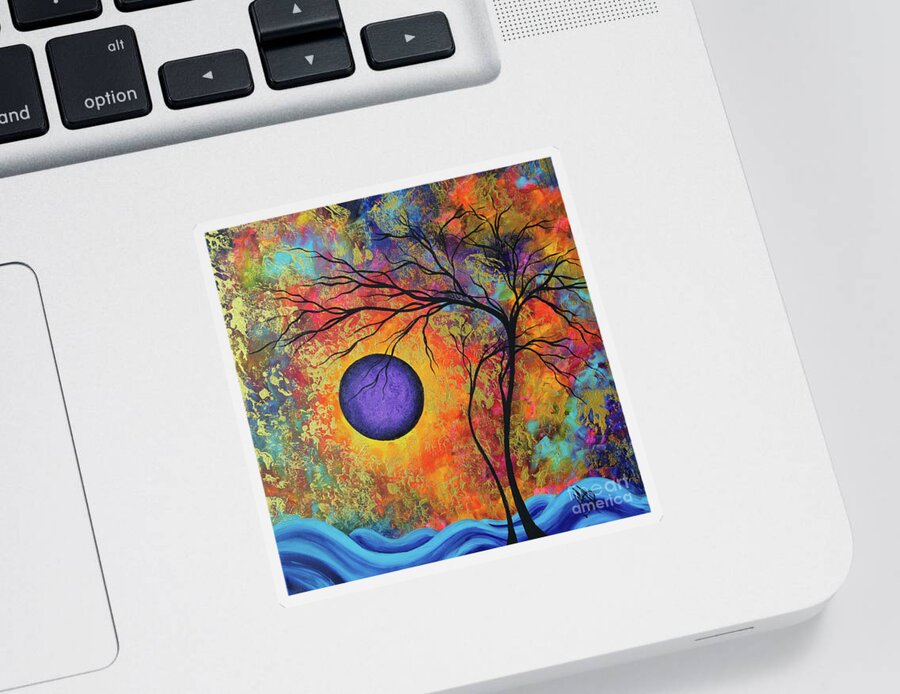 Original Sticker featuring the painting Original Gold Overlay Tree Purple Moon Rainbow Colors Tree of Life Painting by Megan Aroon