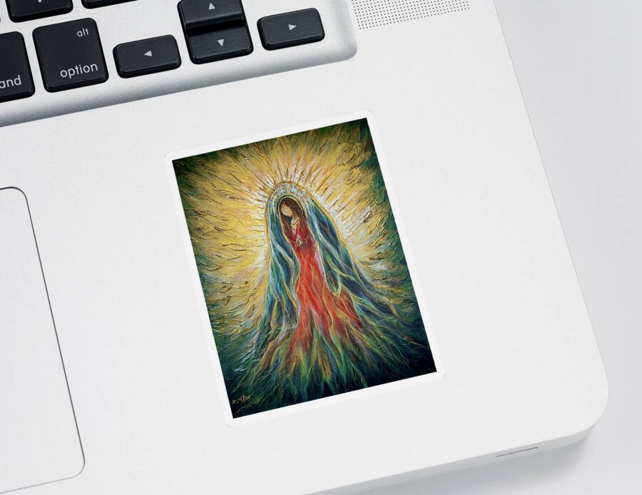 Our Lady Sticker featuring the painting Our Lady of Guadalupe by Michelle Pier
