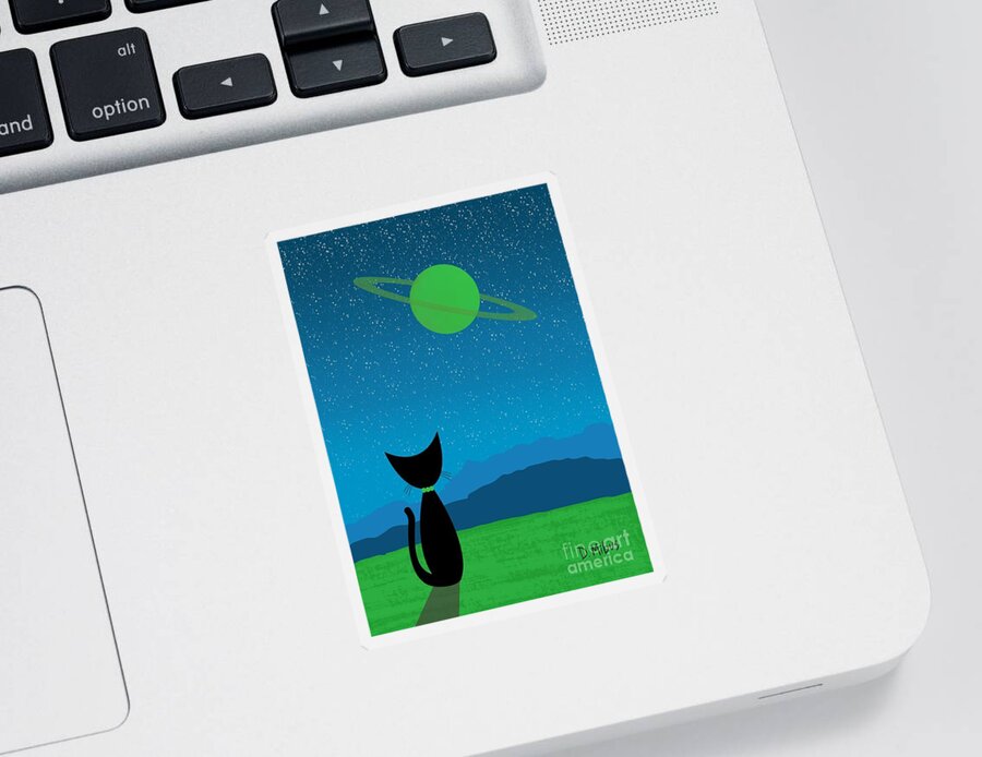  Sticker featuring the digital art Outer Space Cat Admires Ringed Planet 3 by Donna Mibus