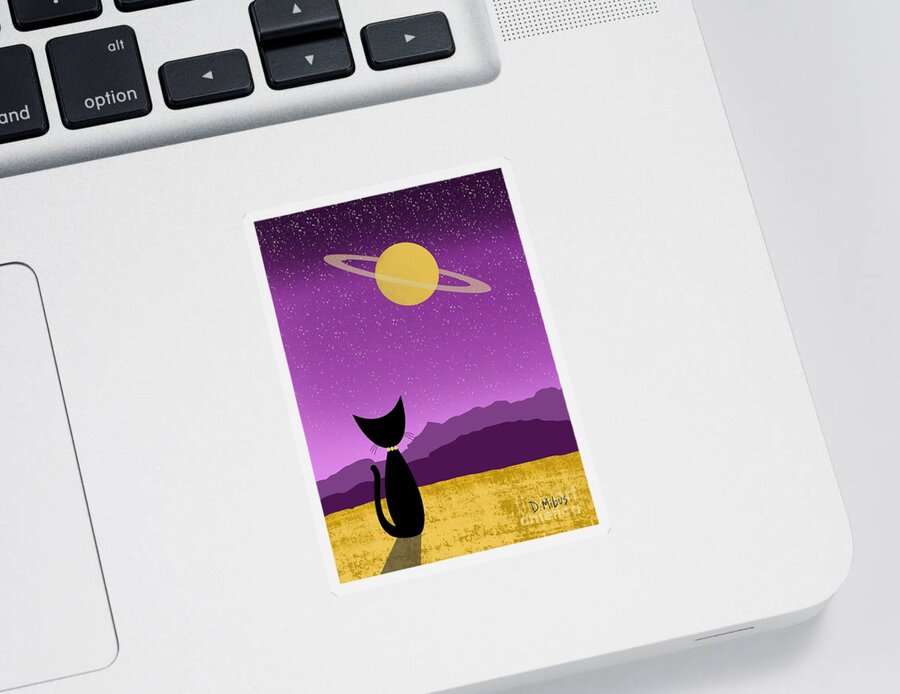 Black Cat Sticker featuring the digital art Outer Space Cat Admires Ringed Planet by Donna Mibus