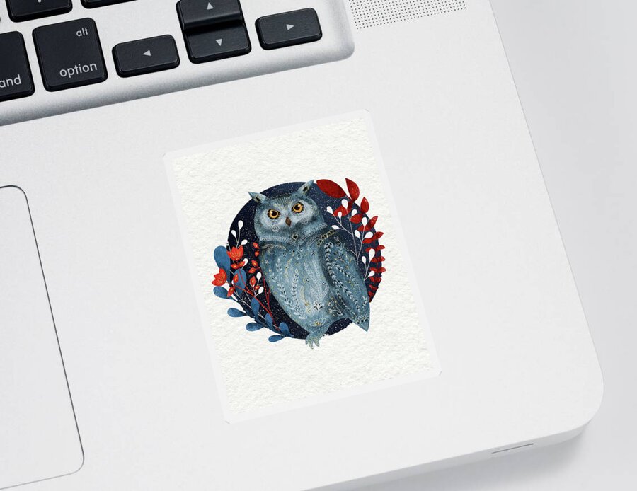Owl Sticker featuring the painting Owl With Flowers by Modern Art