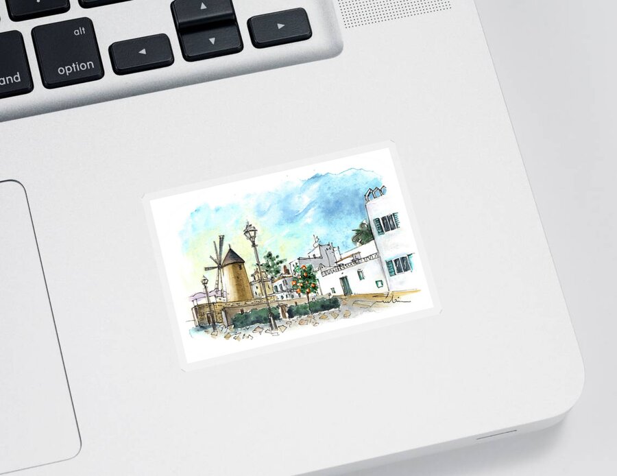 Travel Sticker featuring the painting Palma De Mallorca Windmills 02 by Miki De Goodaboom