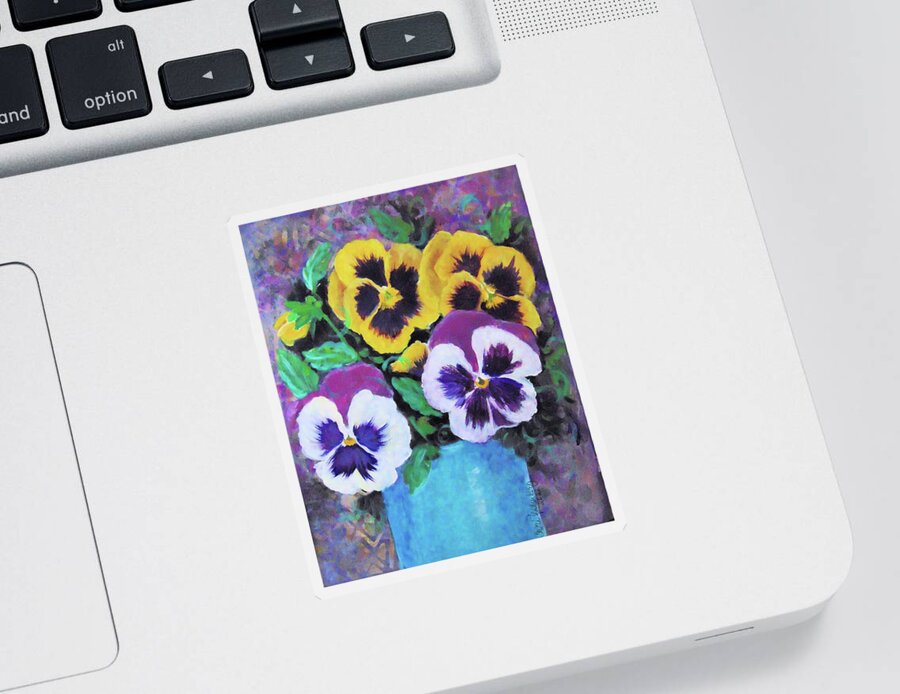 Pansies Sticker featuring the painting Pansies in Turquoise Pot by Cheri Wollenberg