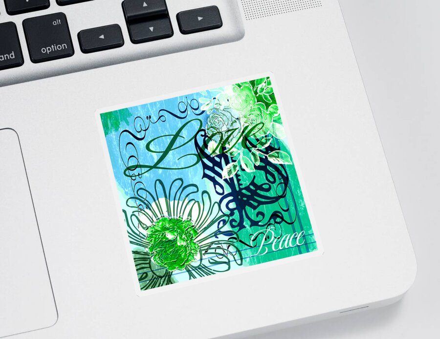 Peace Sticker featuring the digital art Peace and Love Blue Green Collage by Delynn Addams