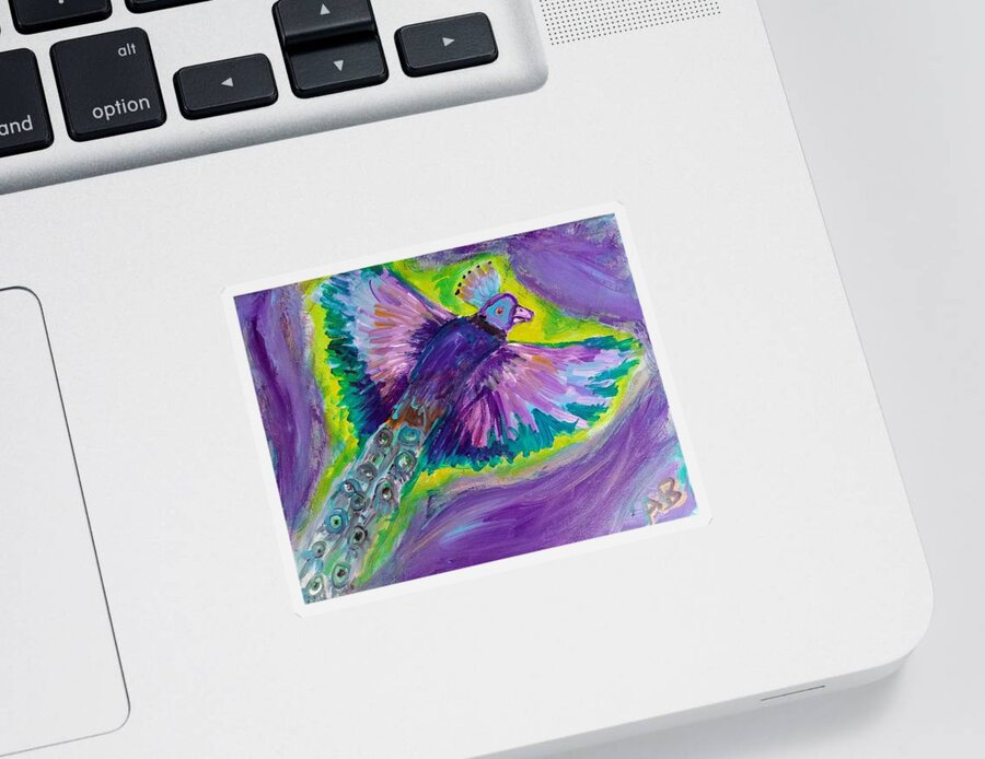 Purple Sticker featuring the painting Peacock in Flight by Andrew Blitman