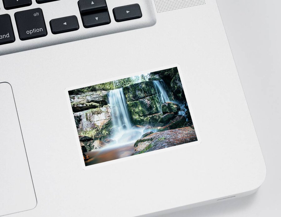 Jizera Mountains Sticker featuring the photograph Summer colours colour the ice waterfall during sunrise. Jizera Mountains by Vaclav Sonnek