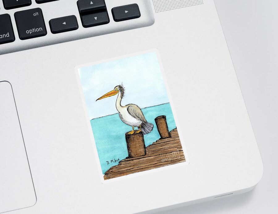 Coastal Bird Sticker featuring the painting Pelican Perched on Pier by Donna Mibus
