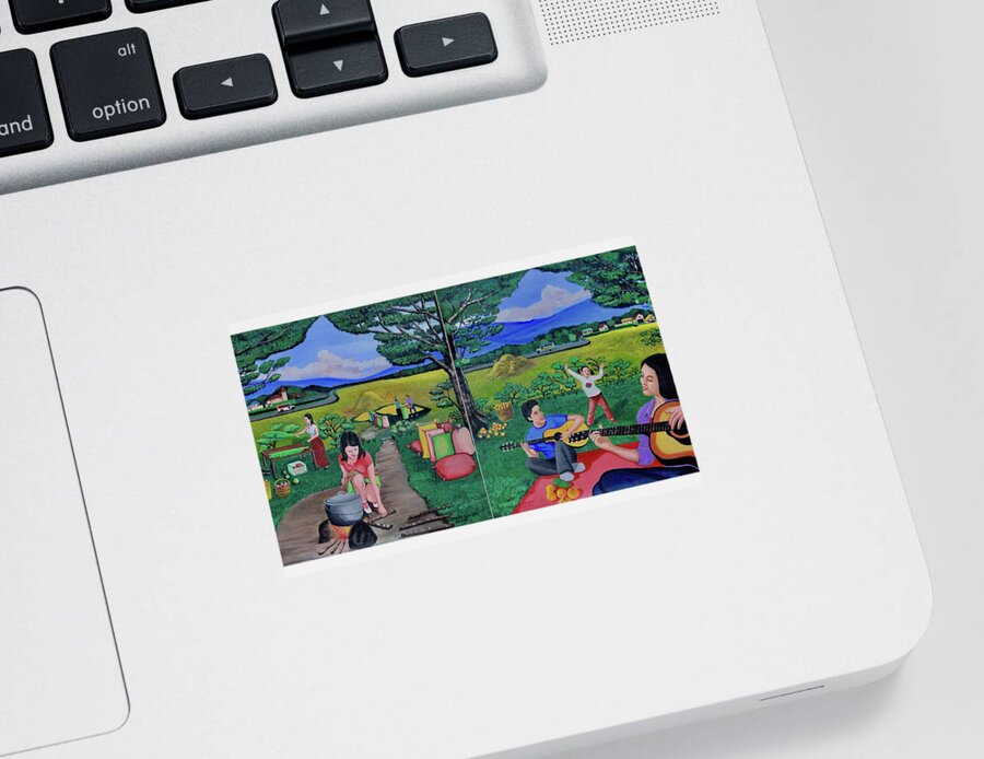 All Products Sticker featuring the painting Picnic with the Farmers and Playing Melodies under the Shade of Trees by Lorna Maza