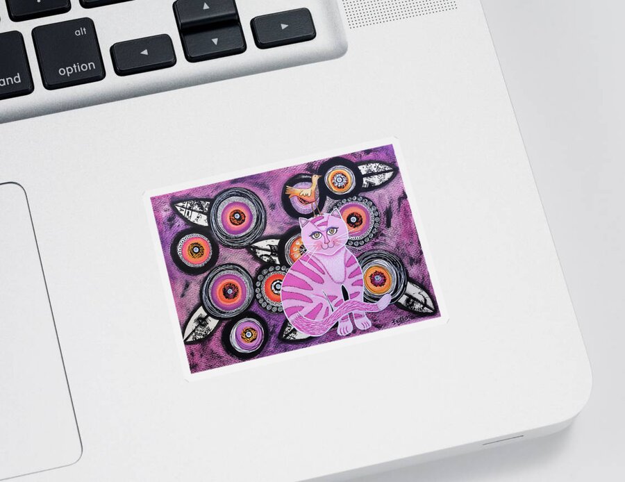 Cat Sticker featuring the painting Pink kitten with flowers by Graciela Bello