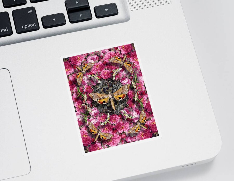 Moths Sticker featuring the digital art Pink Roses and Moths by Peggy Collins