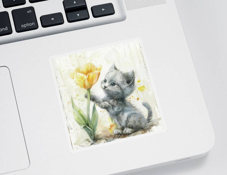 Cat Sticker featuring the painting Playing In The Tulips by Tina LeCour