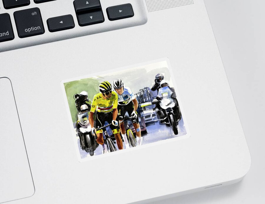 Le Tour De France Sticker featuring the painting Pogacar Vingegaard, Stage 17 TDF2021 by Shirley Peters