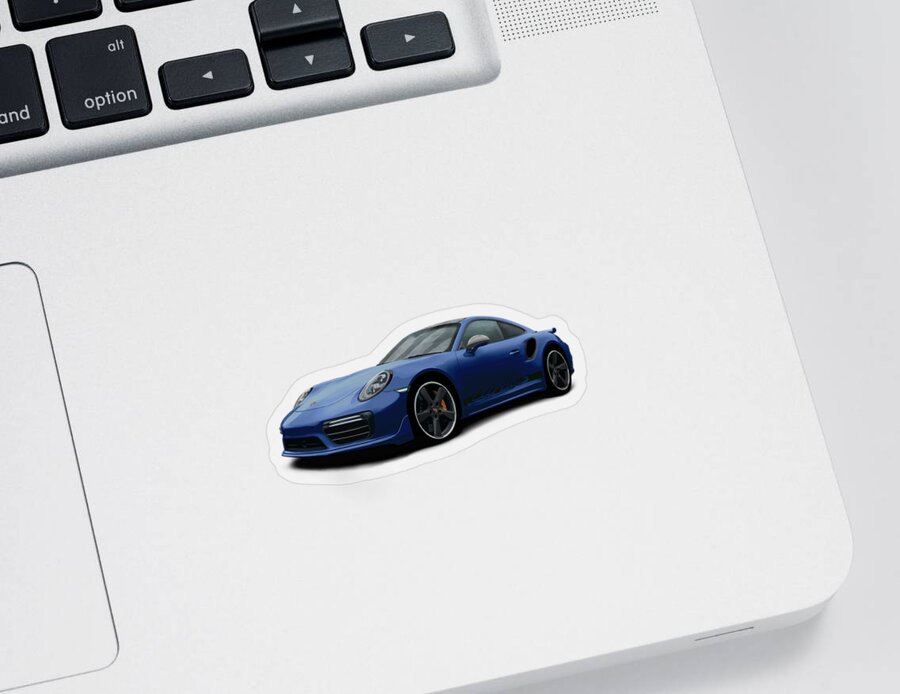 Hand Drawn Sticker featuring the digital art Porsche 911 991 Turbo S Digitally Drawn - Dark Blue with side decals script by Moospeed Art