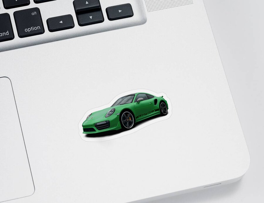 Hand Drawn Sticker featuring the digital art Porsche 911 991 Turbo S Digitally Drawn - Green with side decals script by Moospeed Art